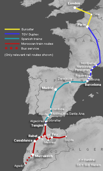 Route map, UK to Morocco by train