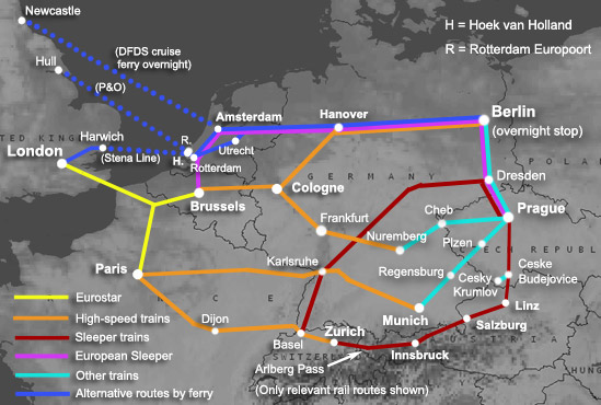 Route map:  London to Prague by train