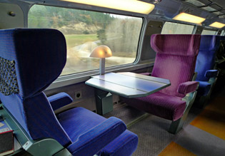 First class table for two on upper deck of TGV Duplex train to Barcelona