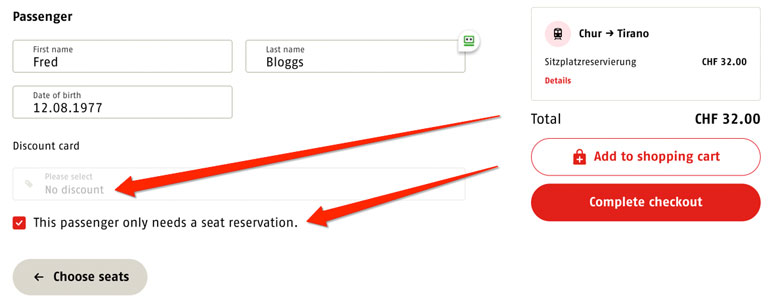 Making a Bernina Express reservation-only booking