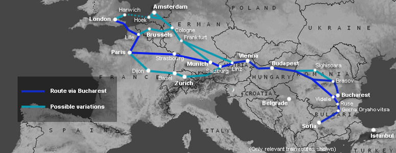Route map:  London to Sofia & Bulgaria by train